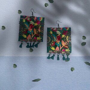Persian Jewelry, Balochi Handmade dangling Embroidered earrings | Green